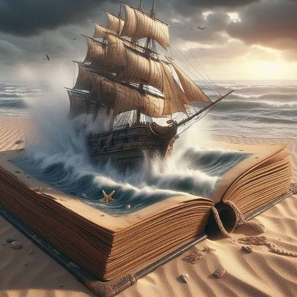 A kid's book illustration with a ship emerging from its pages