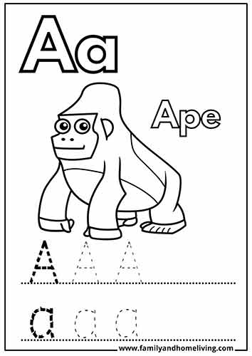 Ape letter A coloring page for preschoolers