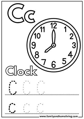 Clock coloring worksheet for learning the letter C