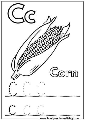 Corn coloring pages for learning the letter C