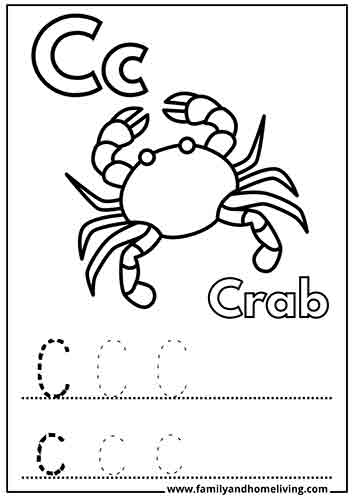 Crab coloring page for the letter C