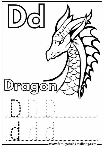 Dragon coloring page for the letter D