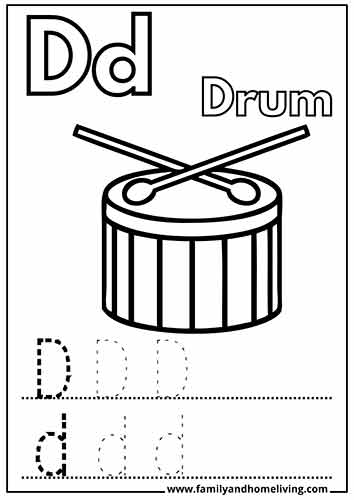 D is for drum - D Letter coloring worksheet