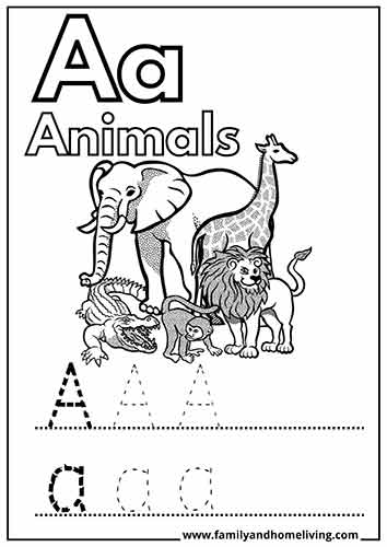 Letter A coloring worksheet for kindergarten - Animals 