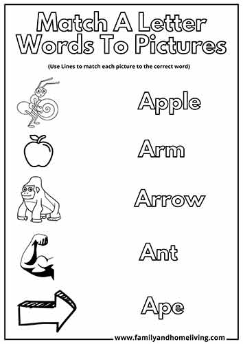Letter A worksheet - Match A letter words with pictures