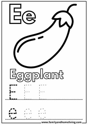 Eggplant Coloring page and worksheet for the Letter E