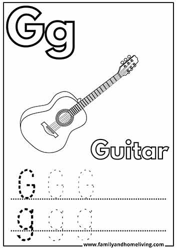 G is for Guitar coloring page for the letter G