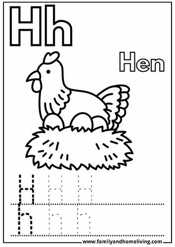 H is for Hen coloring sheet for toddlers
