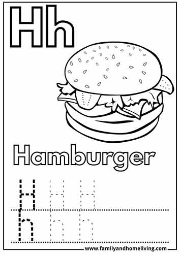 Letter H coloring worksheet for Hamburger
