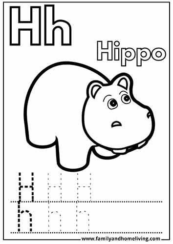 H is for Hippo kids coloring worksheet