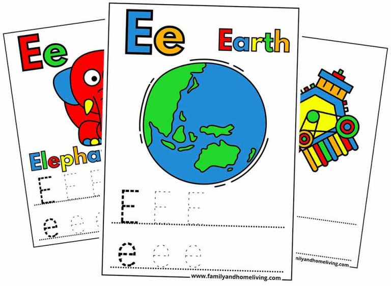 Letter E Coloring Pages and Worksheets for Kids