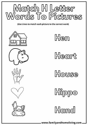 12 Coloring Pages for the Letter H (Printable PDF Bundle) 13 Match Letter H words with the correct pictures