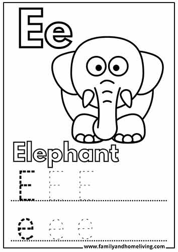 E is for elephant coloring page for kdis
