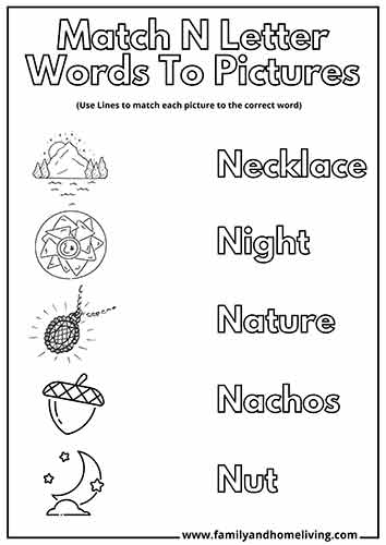 Free Letter N Coloring Worksheets For Preschoolers 13 Match Letter N Words To Pictures Of Objects That Begin with N