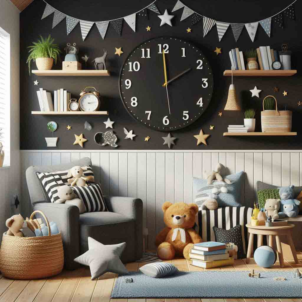 14 Cool Boys Reading Nook Ideas (For Todders through To Teens) 14 Reading nook with black walls and giant wall clock.