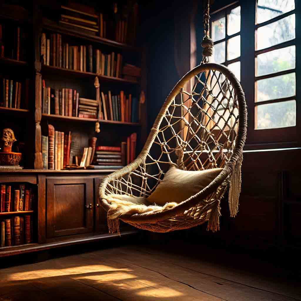17+ Reading Corner Ideas For Adults: Cozy Ideas To Create Your Dream Space 13 swing chair with floor to ceiling book shelves