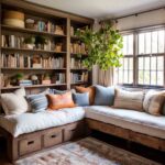 farmhouse style reading corner with floor to ceiling book shelves and storage boxes