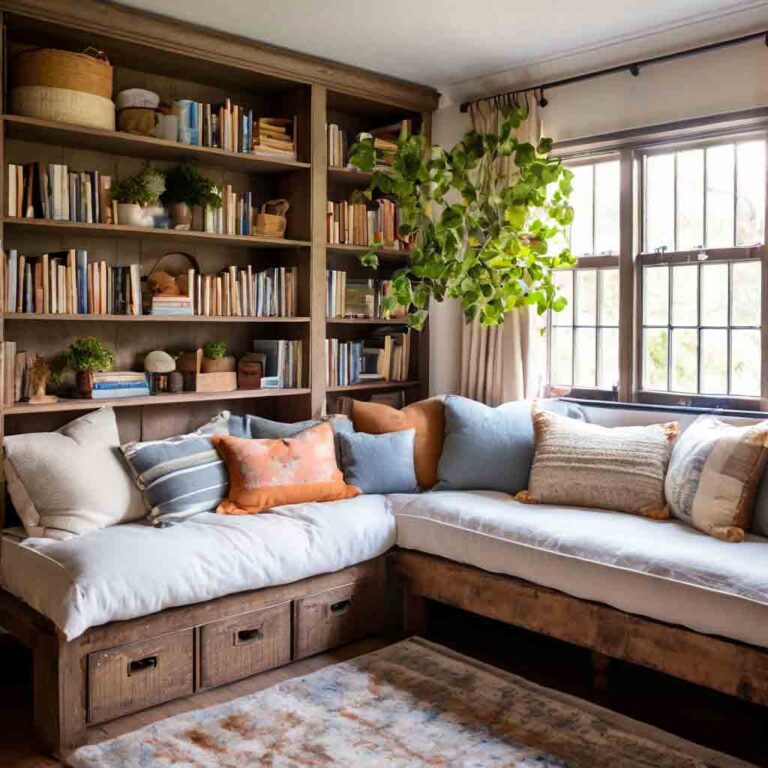 farmhouse style reading corner with floor to ceiling book shelves and storage boxes