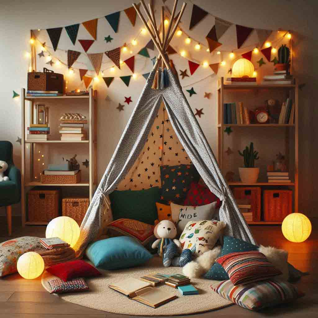14 Cool Boys Reading Nook Ideas (For Todders through To Teens) 13 Teepee reading nook with flags and star designs