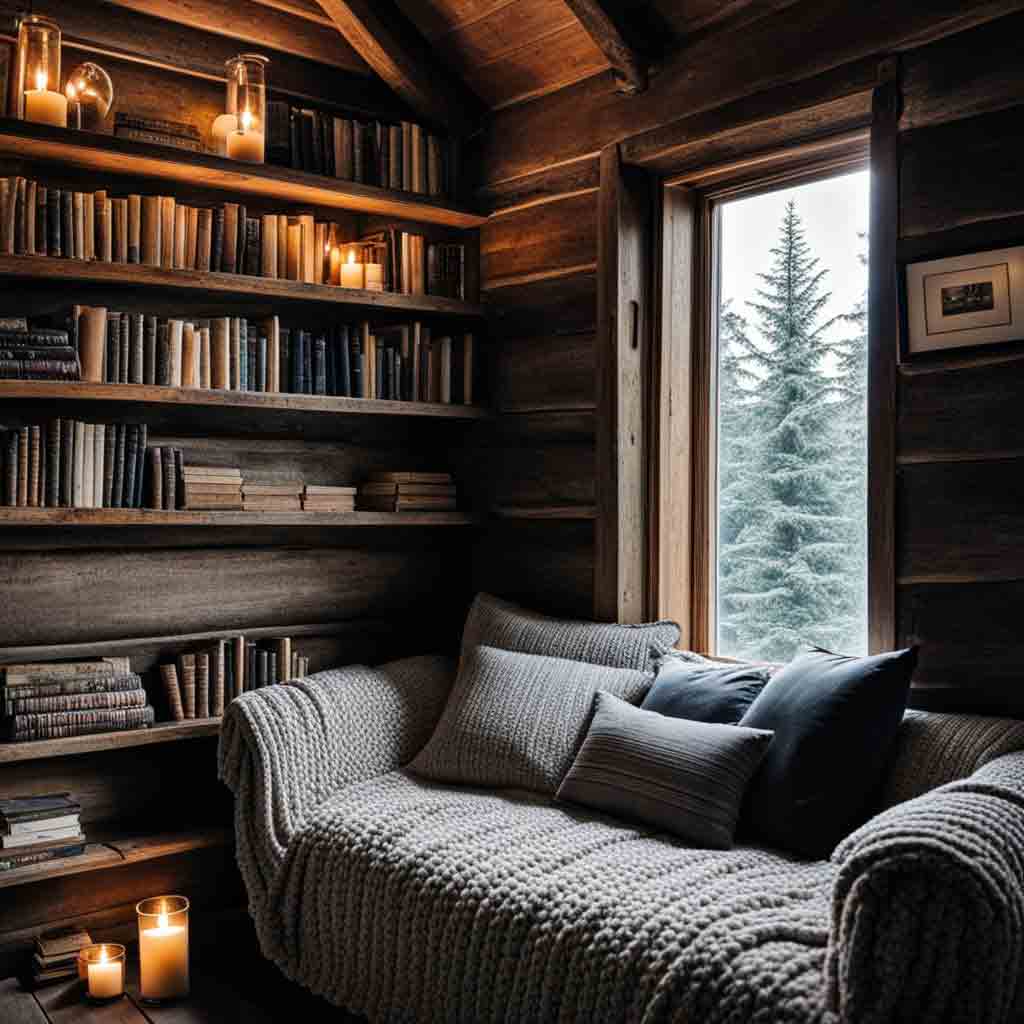 17+ Reading Corner Ideas For Adults: Cozy Ideas To Create Your Dream Space 14 log cabin style reading nook with cozy throw cushions and blankets