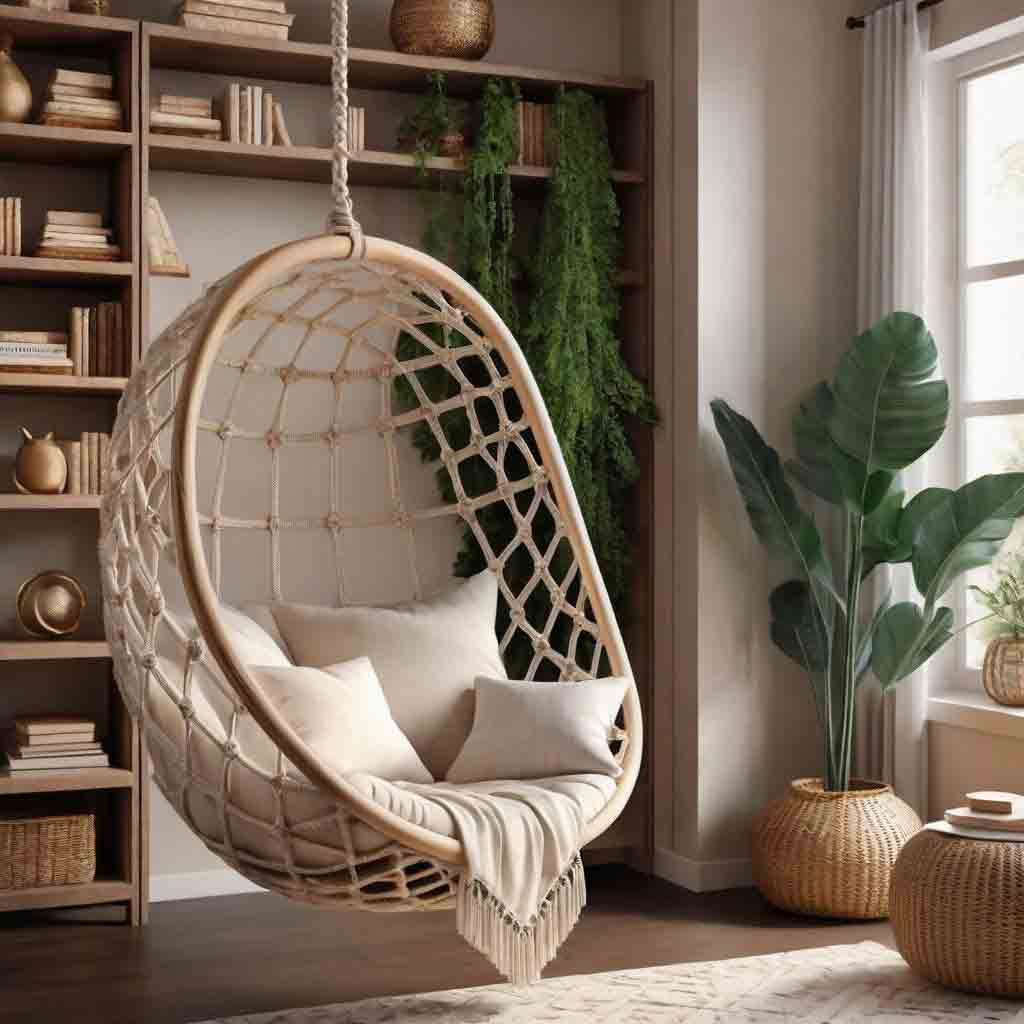 17+ Reading Corner Ideas For Adults: Cozy Ideas To Create Your Dream Space 5 swing chair with neutral color palette. Surrounded by plants and wicker baskets