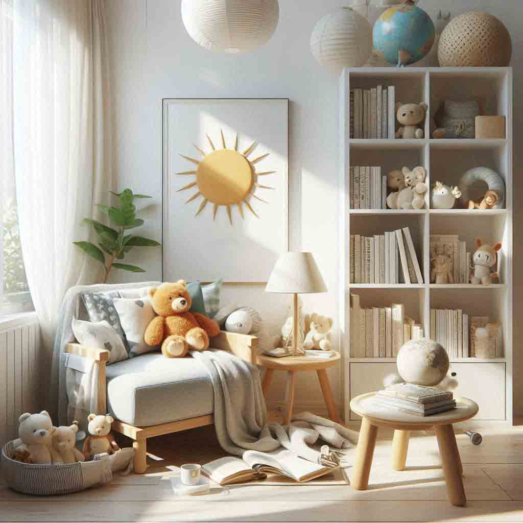 14 Cool Boys Reading Nook Ideas (For Todders through To Teens) 3 Reading corner with a neutral color palette of white, cream, and soft blues and greens.