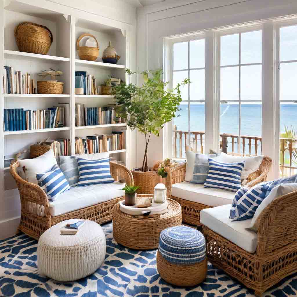 17+ Reading Corner Ideas For Adults: Cozy Ideas To Create Your Dream Space 11 nautical style reading corner with wicker furniture that is coastal chic