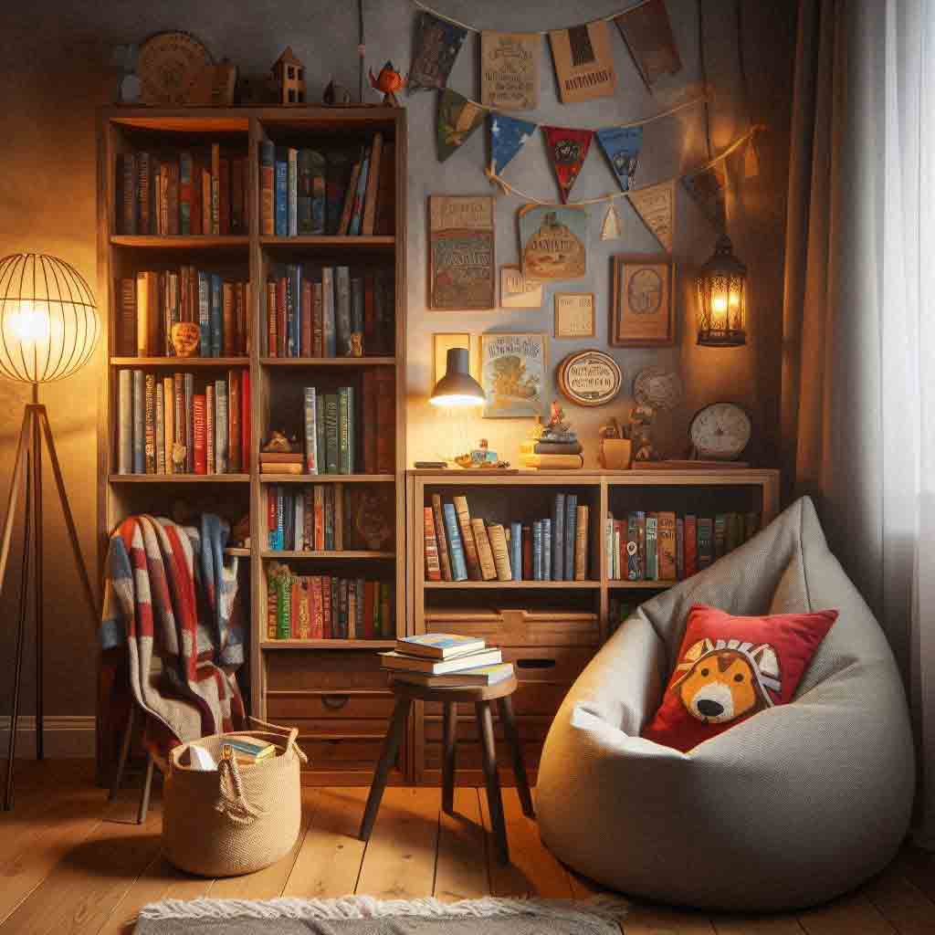 14 Cool Boys Reading Nook Ideas (For Todders through To Teens) 8 Gray, blue and maroon boys reading corner with lamps and bookshelves