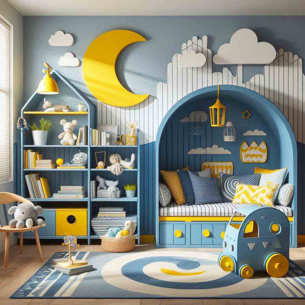 14 Cool Boys Reading Nook Ideas (For Todders through To Teens) 5 Bright yellow and blue boys reading nook with bookshelf and toys