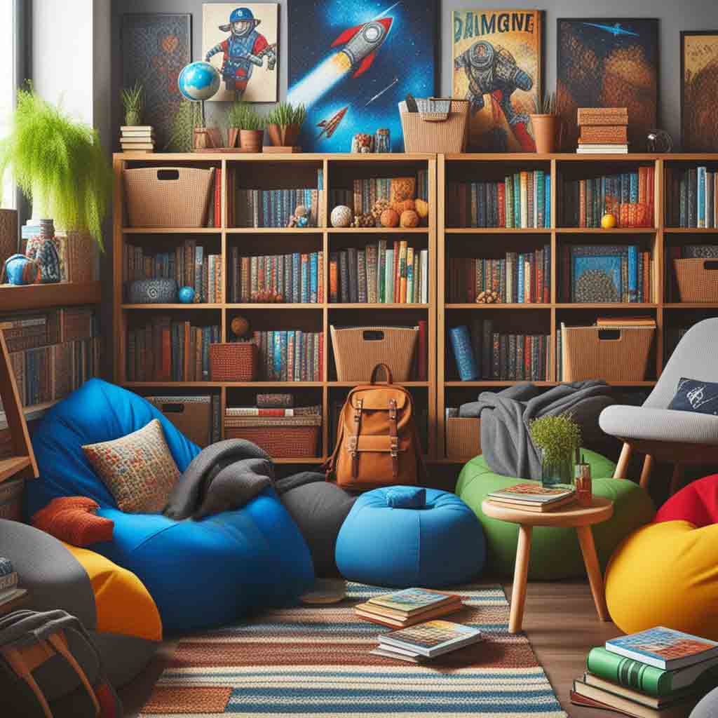 14 Cool Boys Reading Nook Ideas (For Todders through To Teens) 15 Reading library with bright color palette and giant bean bags