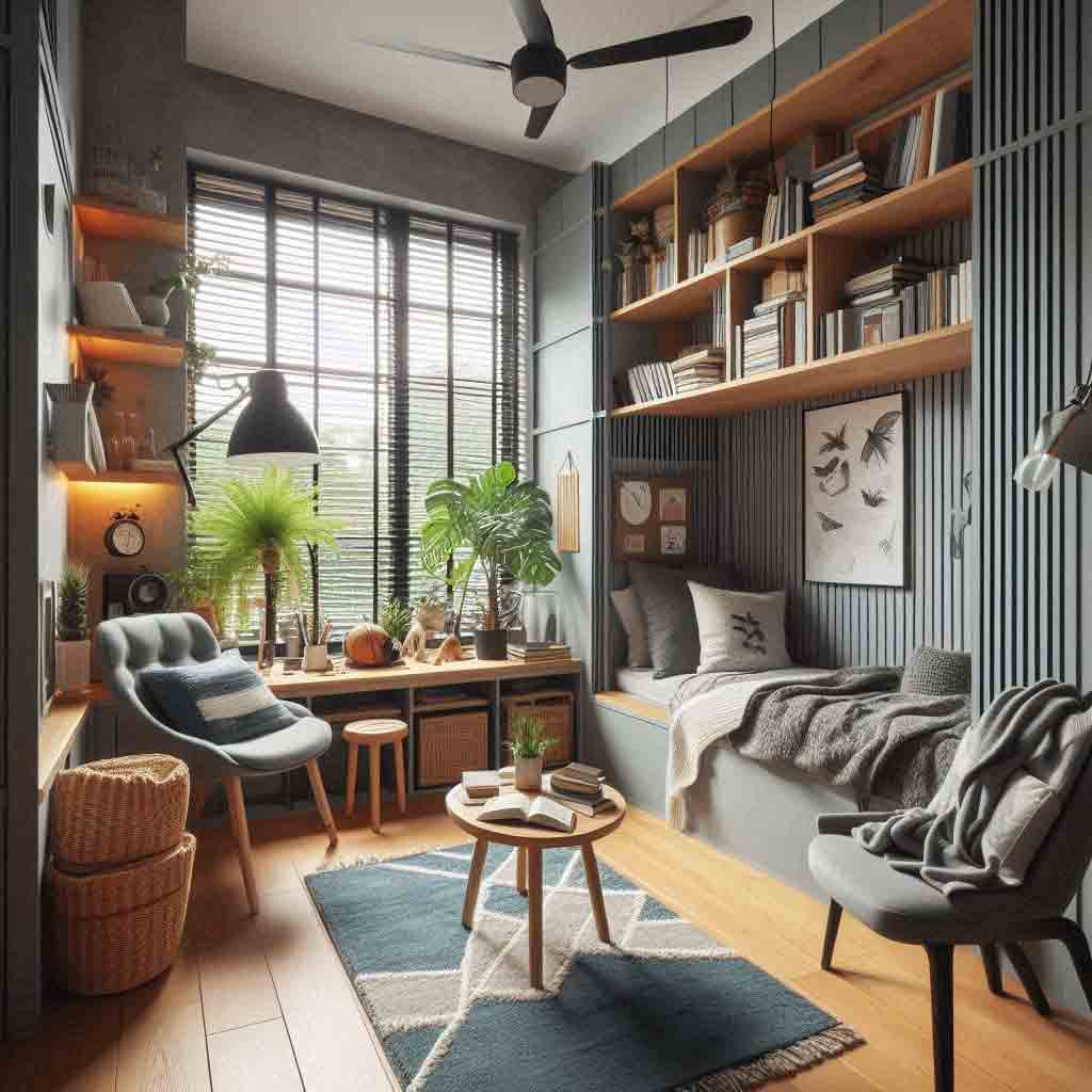 14 Cool Boys Reading Nook Ideas (For Todders through To Teens) 19 Modern reading corner for teenage boy that has a gray and brown color palette