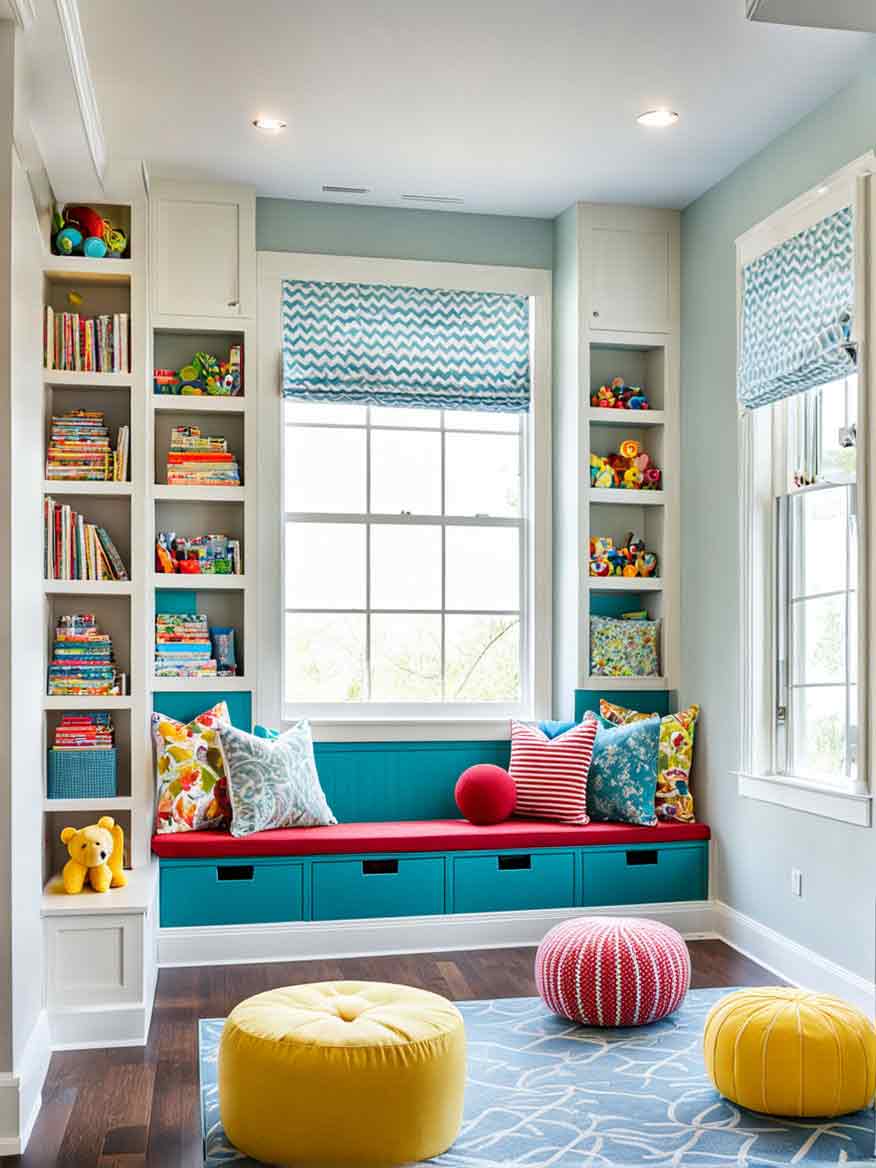 21+ Playroom Ideas for Kids: Inspiring Spaces for Learning and Fun 14 Small kids play area with window seat and small floor-to-ceiling corner bookshelves