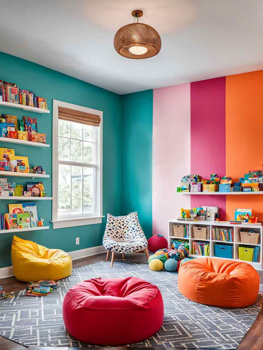 21+ Playroom Ideas for Kids: Inspiring Spaces for Learning and Fun 3 Colorful playroom with teal, pink and orange walls