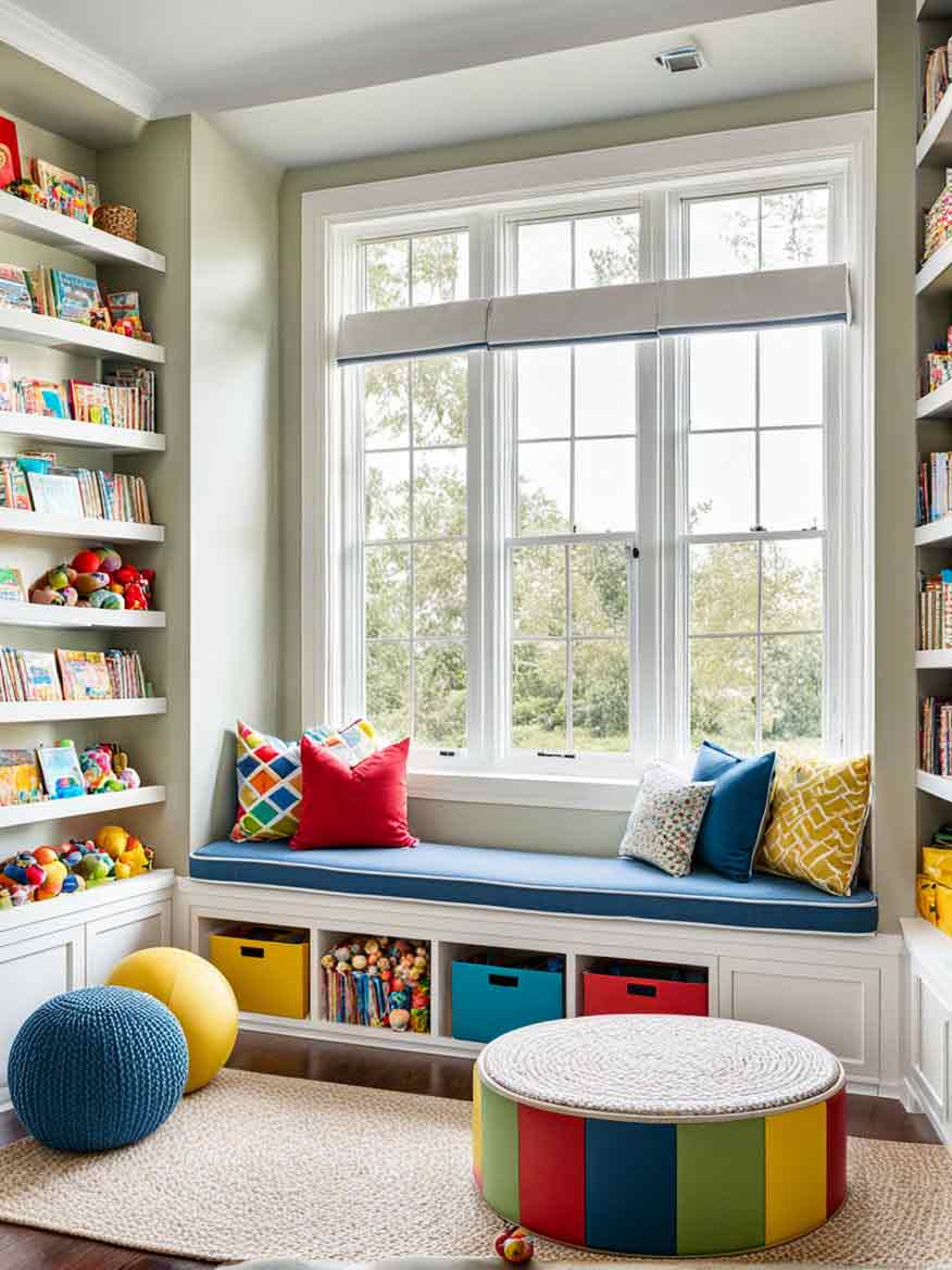 21+ Playroom Ideas for Kids: Inspiring Spaces for Learning and Fun 12 Children's play room with white window trim and window seat. Also has floor to ceiling bookshelves and brightly colored pouf and throw cushions.