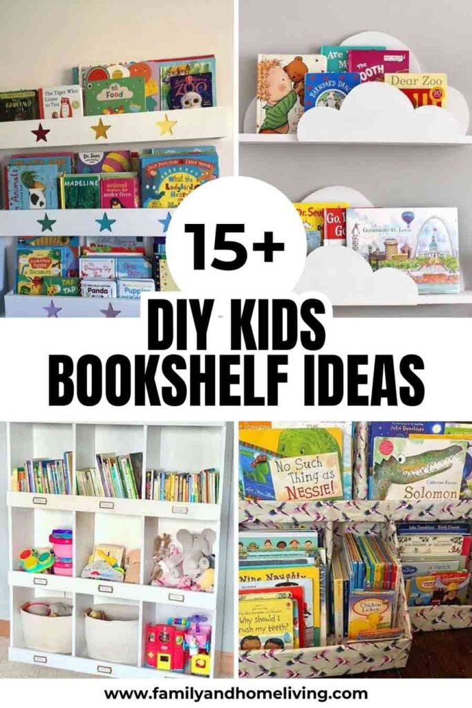 15+ DIY Kids Bookshelf Ideas (With Tutorials) 2 DIY Kids bookshelf tutorials Pinterest pin