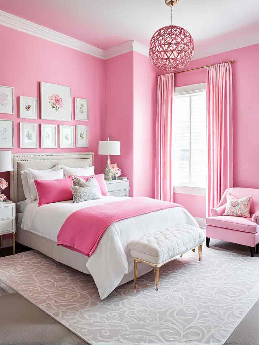 Modern pink girls bedroom with pink walls
