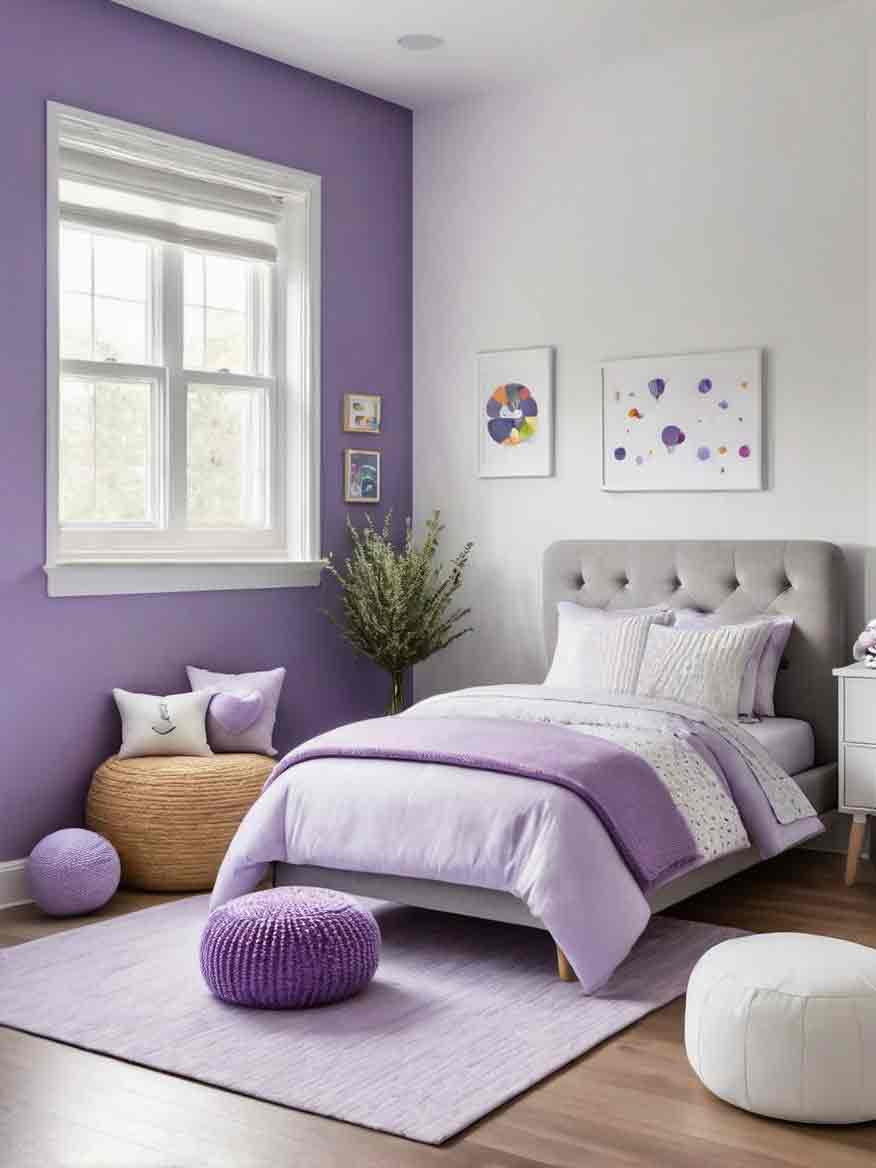 Kids bedroom with purple accent wall
