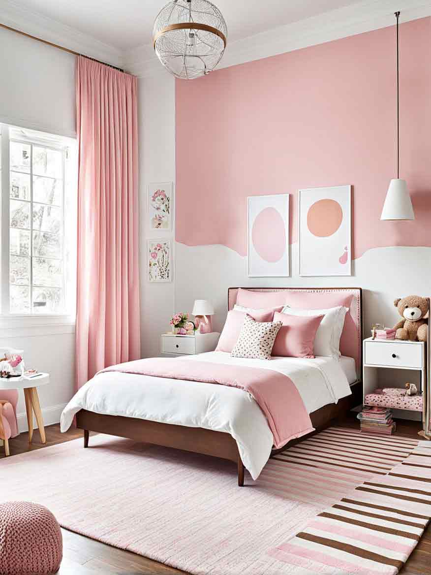 Pastel pink girls bedroom with double bed
