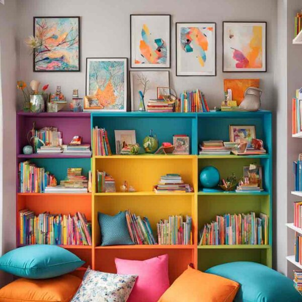 Small kids corner library with floor cushions