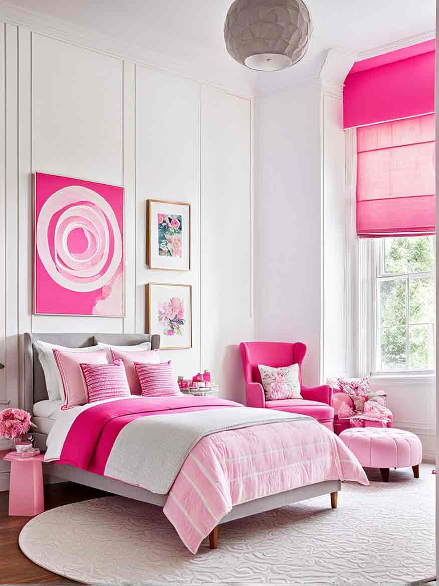 Girls bedroom with hot pink accent color