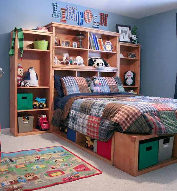 15+ DIY Kids Bookshelf Ideas (With Tutorials) 9 Kids DIY headboard bookshelf