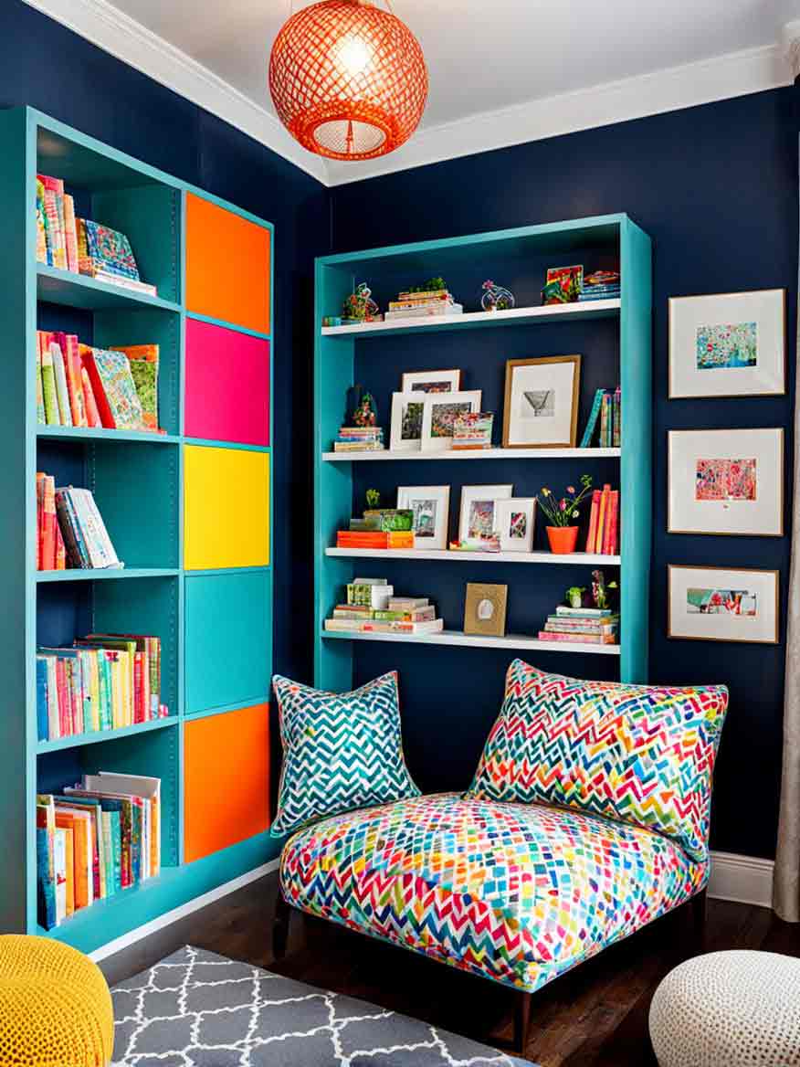 Kids Library room with bright bookshelves