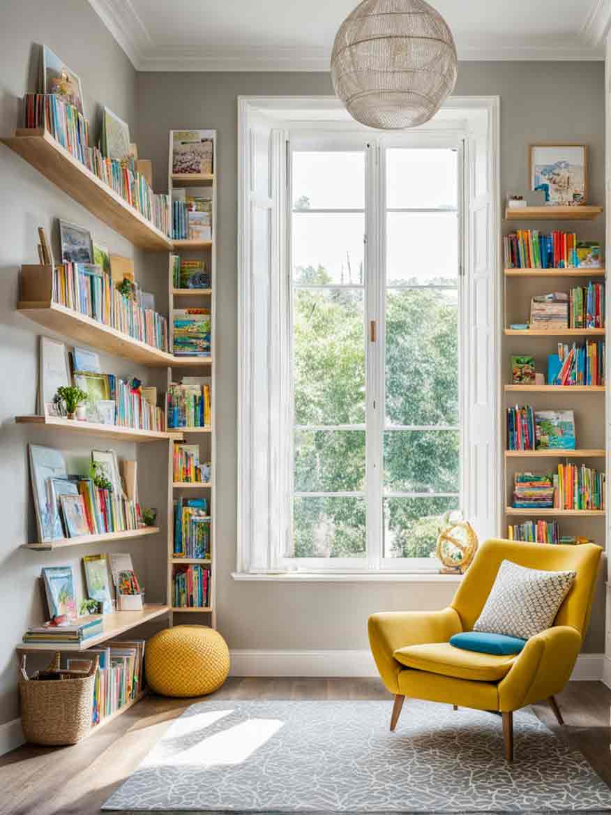 Light and bright library room for kids