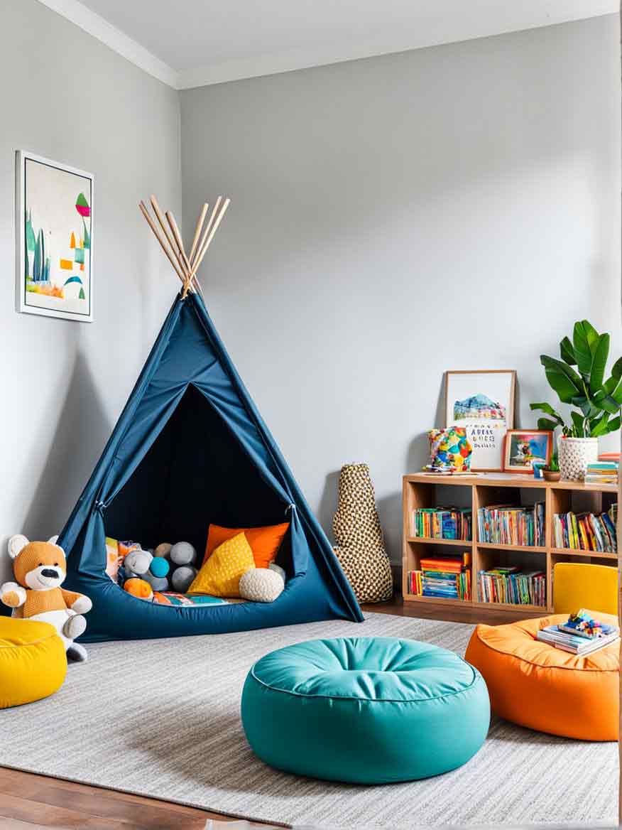 21+ Playroom Ideas for Kids: Inspiring Spaces for Learning and Fun 9 Navy blue reading tent which is the focal point of a kids play area.