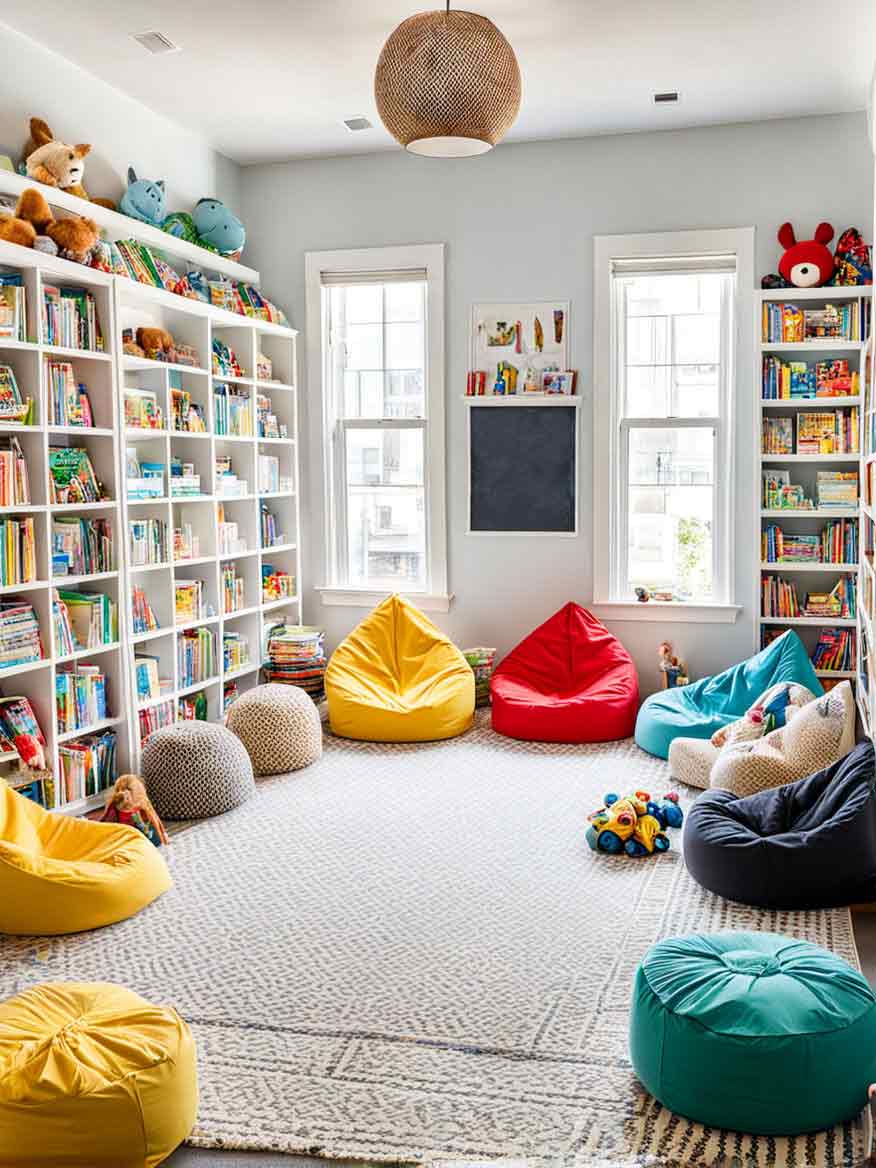 21+ Playroom Ideas for Kids: Inspiring Spaces for Learning and Fun 10 Kids playroom with a white walls an floor to ceiling book shelves