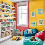 Bright and colorful kids play room with red and yellow walls