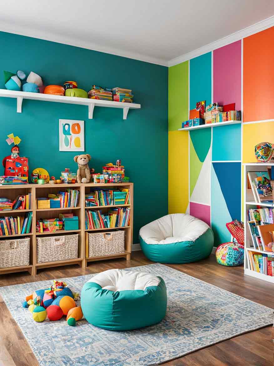 21+ Playroom Ideas for Kids: Inspiring Spaces for Learning and Fun 4 Colorful playroom with colorful walls and bookshelves