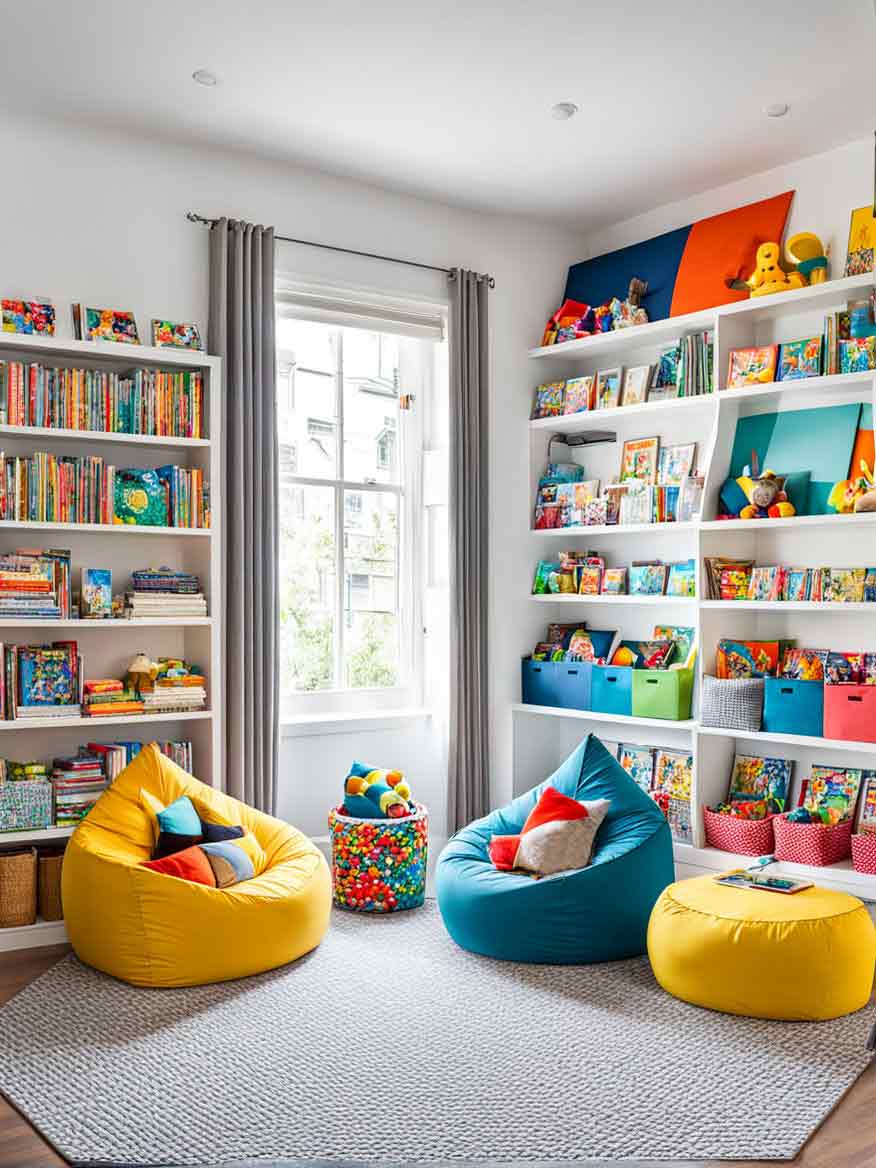 21+ Playroom Ideas for Kids: Inspiring Spaces for Learning and Fun 15 Bright and airy kids play room with white walls and bookshelves along with brightly colored bean bag chairs.