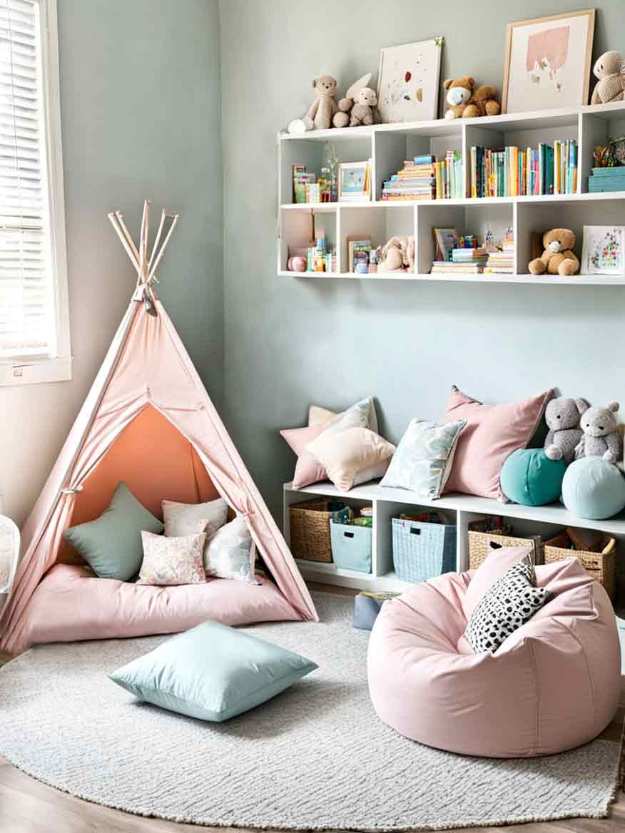 21+ Playroom Ideas for Kids: Inspiring Spaces for Learning and Fun 8 Play corner for toddles with a reading tent, bean bag chair and a pastel color palette