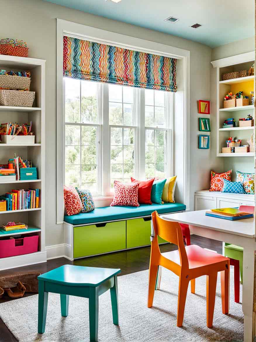 21+ Playroom Ideas for Kids: Inspiring Spaces for Learning and Fun 11 Kids pay room with window seat and colorful blinds and throw cushions
